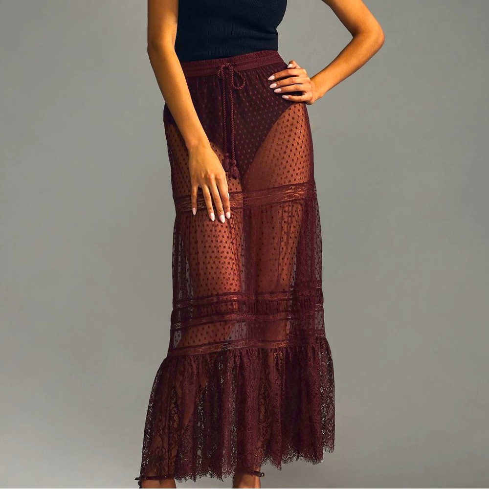 NWT Anthropologie Sheer Lace Maxi Skirt Brown Size XL